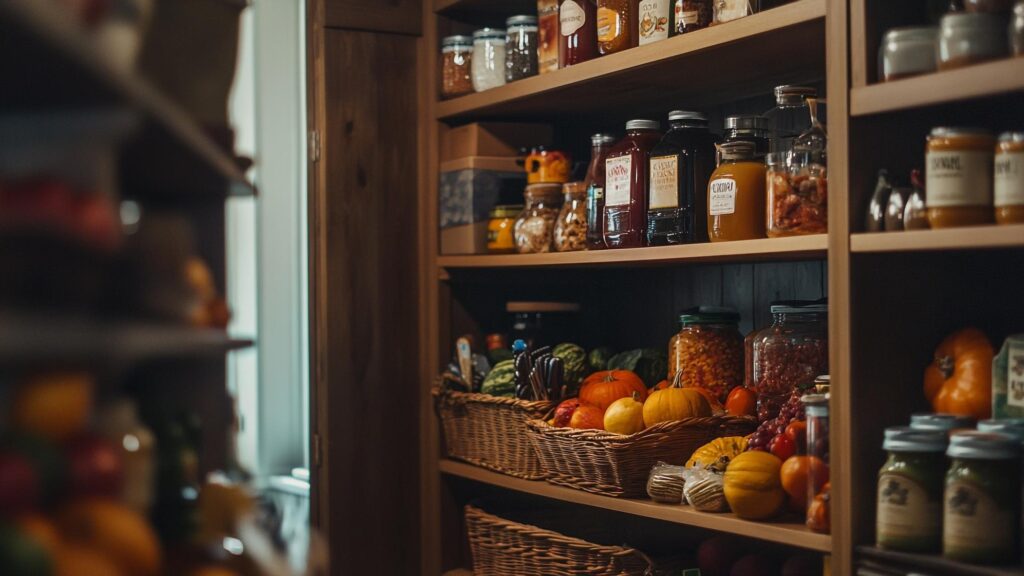 Food pantry filled with fresh produce and jars of preserved goods in a community setting