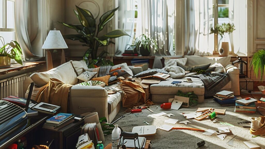 Sunlit living room with cluttered sofa tv and bookcase