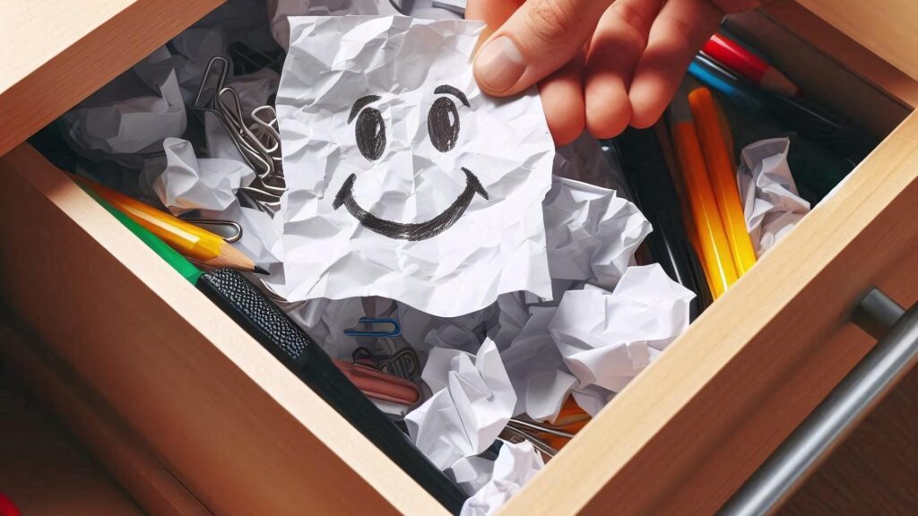 Happy face paper in the drawer