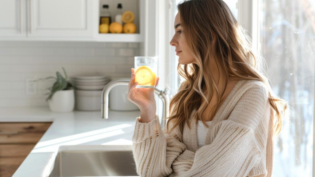Woman holding a glass of lemon water in white kitchen morning hydration healthy routine