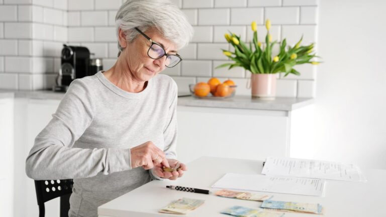 Senior Woman Counting Banknotes And Coins Money For Utility Credit Payments