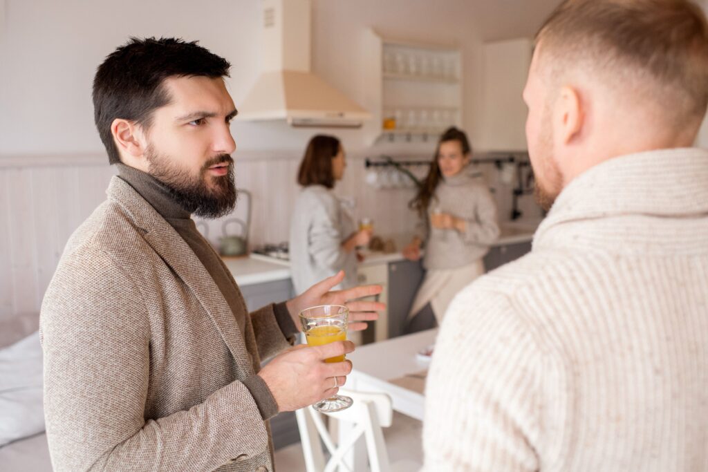 serious man talking with family