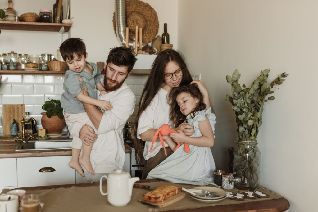 busy parents and children at home