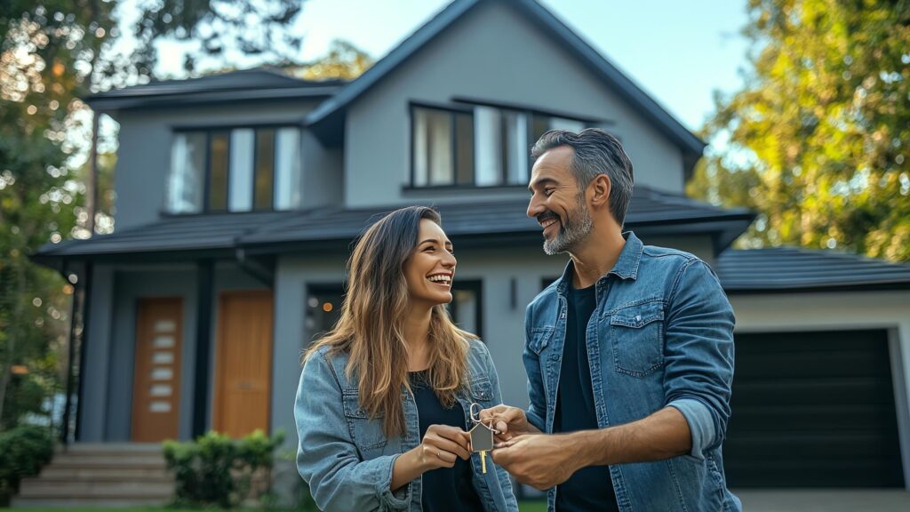 Happy couple standing in front of their new home holding keys