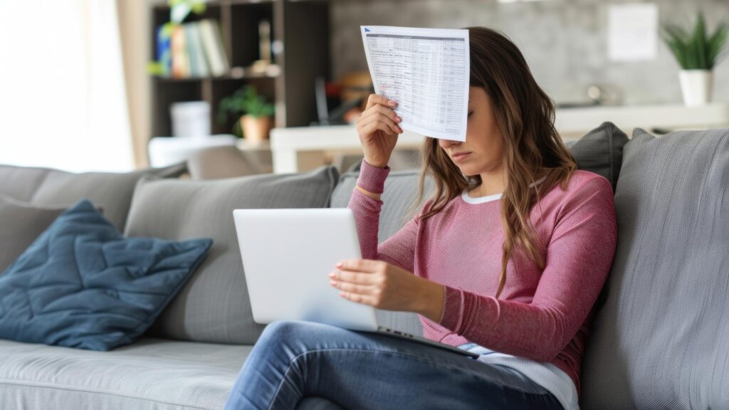 Focused young female homeowner studying paper bills insurance mortgage loan agreement from bank doing paperwork at home Student receiving reading document from school college at laptop