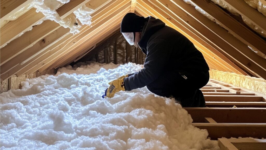 A person installing insulation in an attic before winter