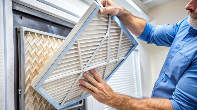 Person Replacing HVAC Filter with Old and New Filters