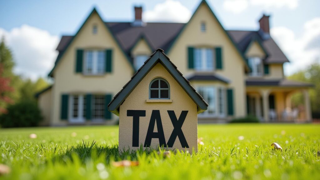 Property tax A miniature house sits on a lawn before a large home illustrating the financial burden