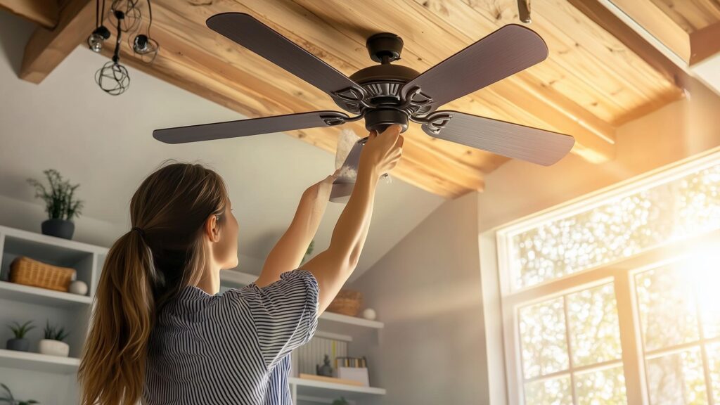 A person cleaning a ceiling fan in a bright cozy living room during the afternoon sunlight enjoying a fresh home environment