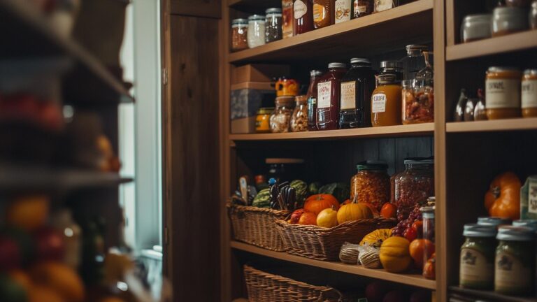 Food pantry filled with fresh produce and jars of preserved goods in a community setting
