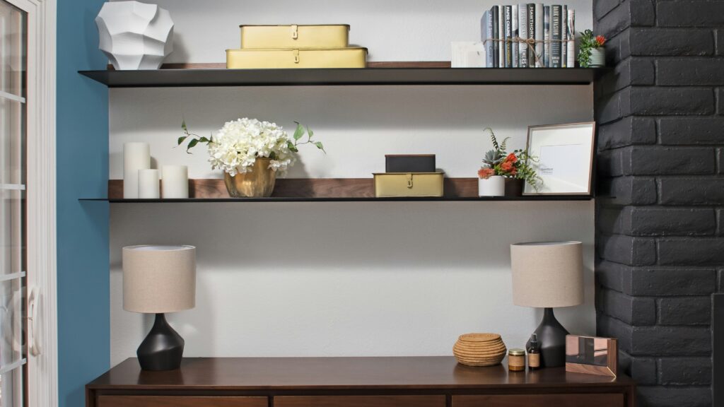 a living room with a book shelf filled with books