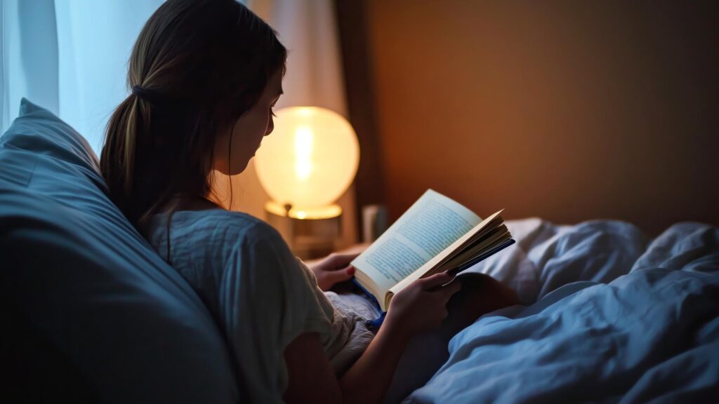 Woman reading a book in bed before sleep soft lighting from a bedside lamp creating a relaxing presleep routine