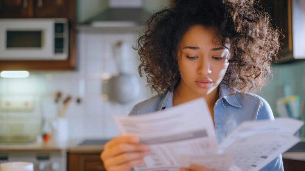 Woman going through bills looking worried Young brunette curly female reading her bill papers look
