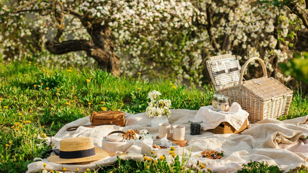 a picnic table with a basket and flowers