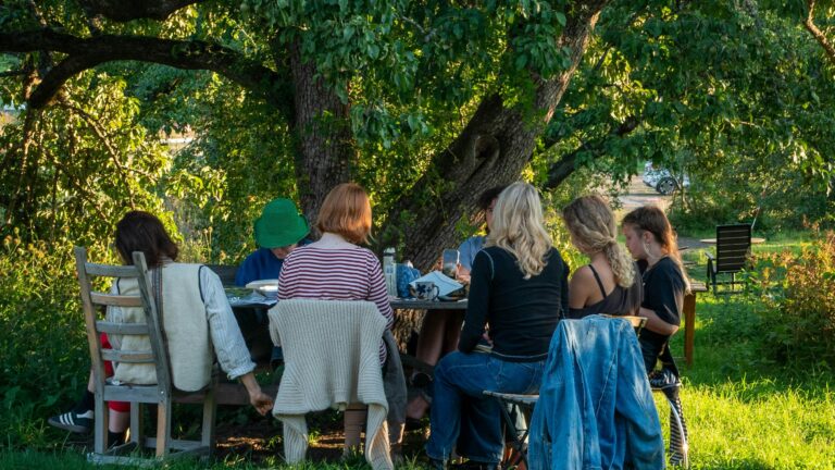 People gathered around a table under a large tree.