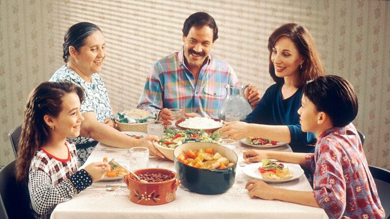Title Family Eating Meal Description A Hispanic family (male adult, two female adults, female child, and male child) enjoy a meal at the dinner table. Topics/Categories Food and Drink People -- Adult People -- Child People -- Family/Friends Type Color, Photo Source National Cancer Institute