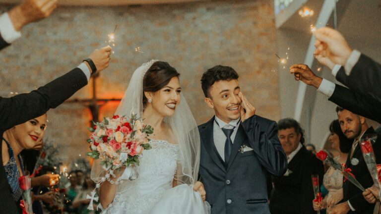 smiling bride and groom