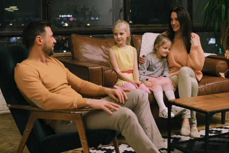 mom, dad, children talking right before bedtime