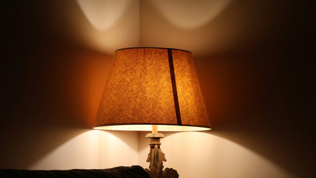 a lamp that is on in a room