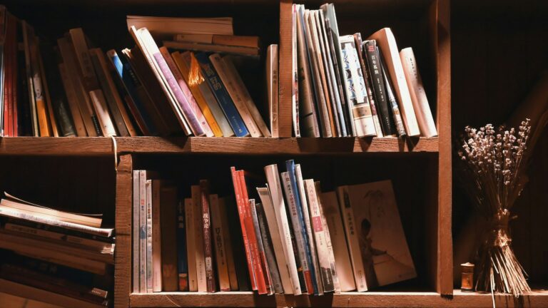 books on brown wooden shelf