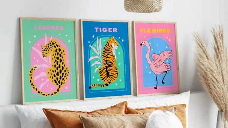 Animal-themed art prints hang over a stylish bed.