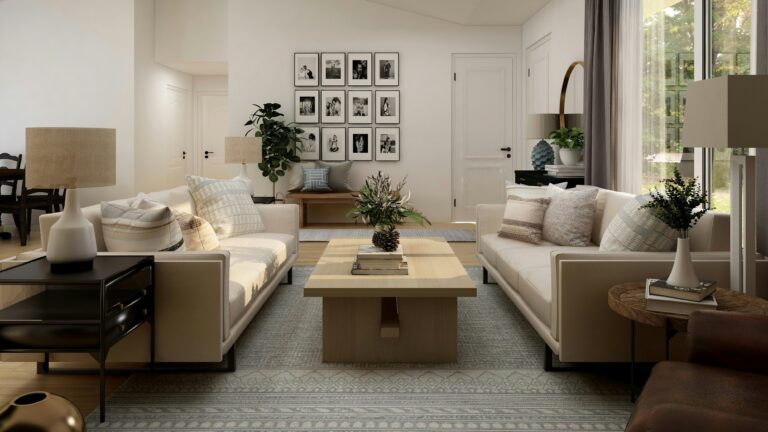 living room with white sofa set and green potted plant