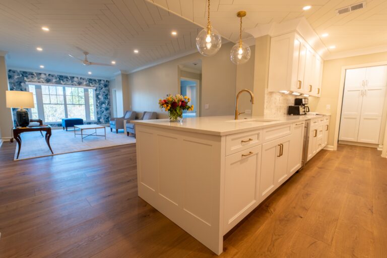 kitchen lights on bright, living room on dim