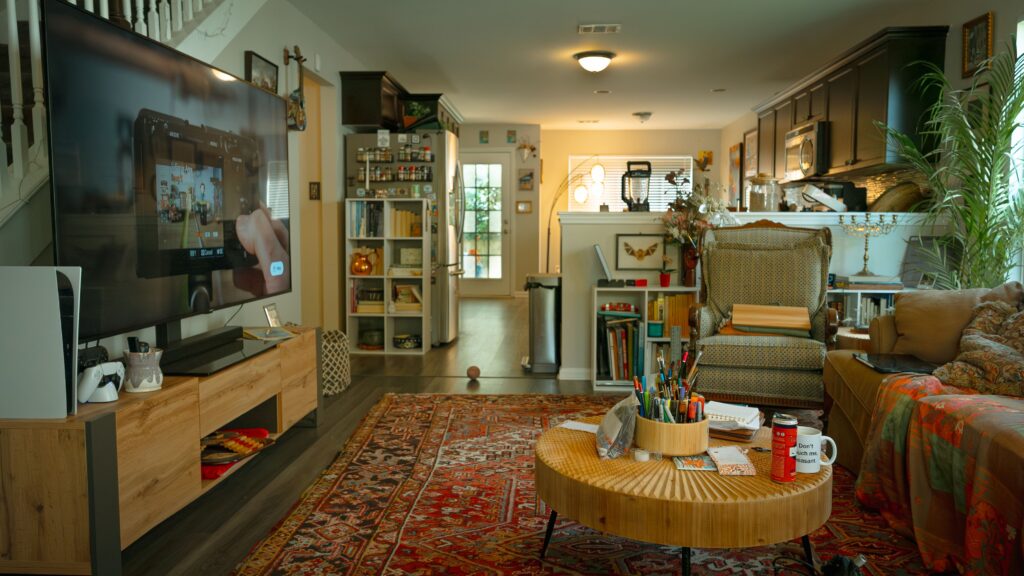 living room with cluttered decor