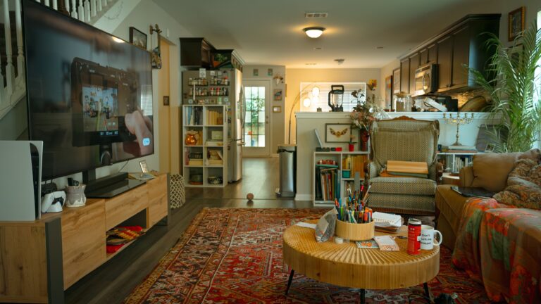 living room with cluttered decor