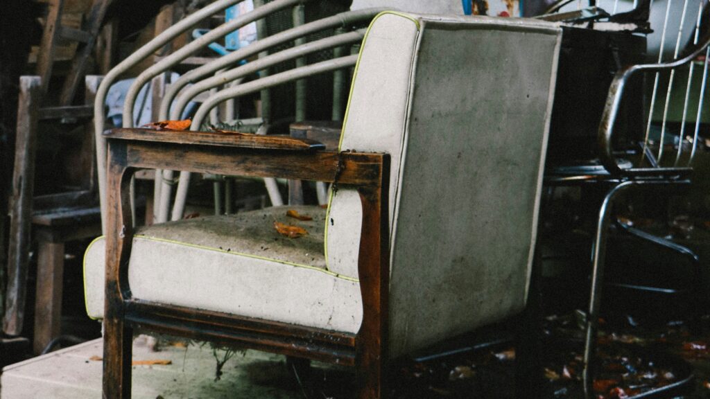 white padded armchair with brown wooden frame