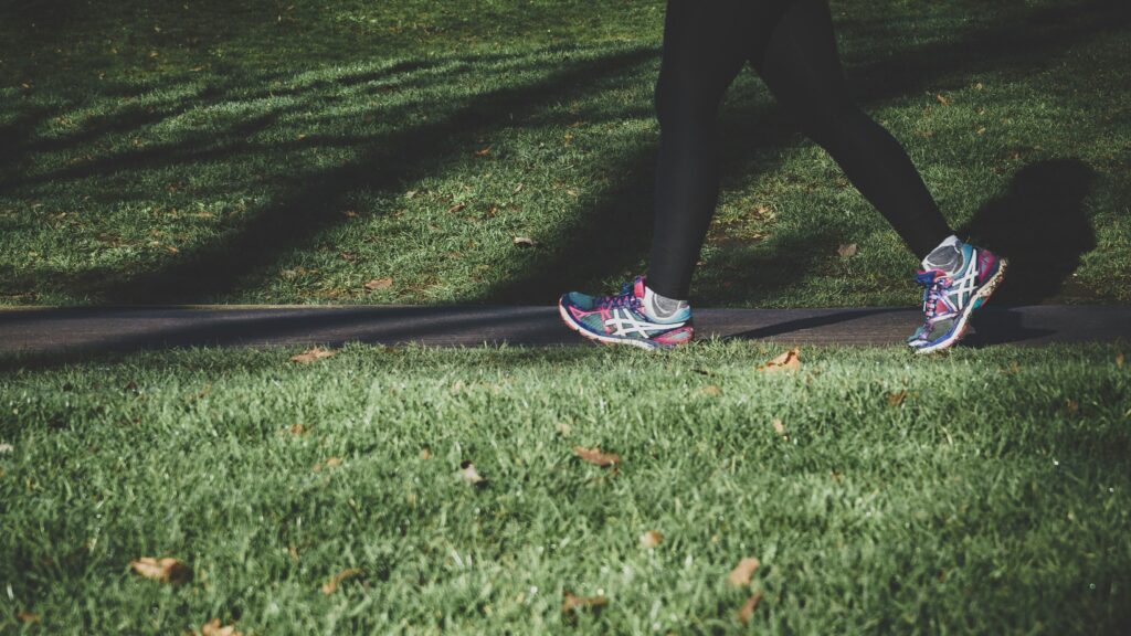 shallow focus photography of person walking on road between grass