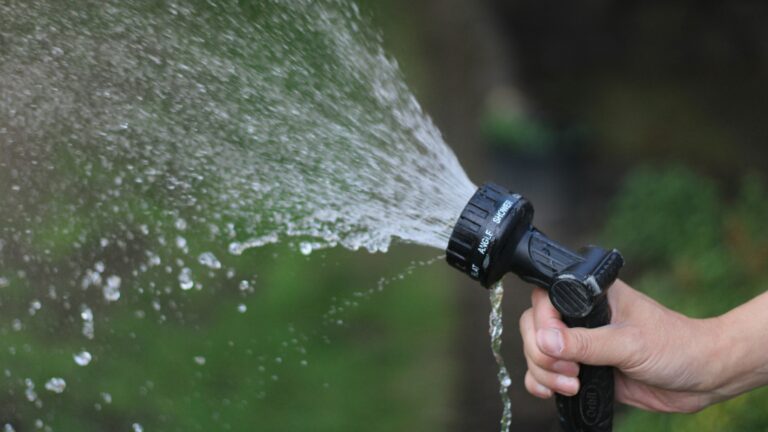 a hand holding a water hose spraying water