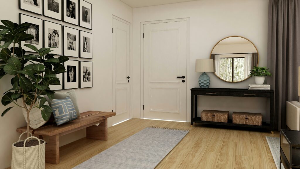 brown wooden coffee table near white wooden door