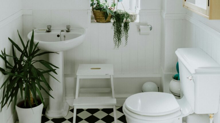 A white bathroom with a pedestal sink, toilet, and potted plants on a checkered floor