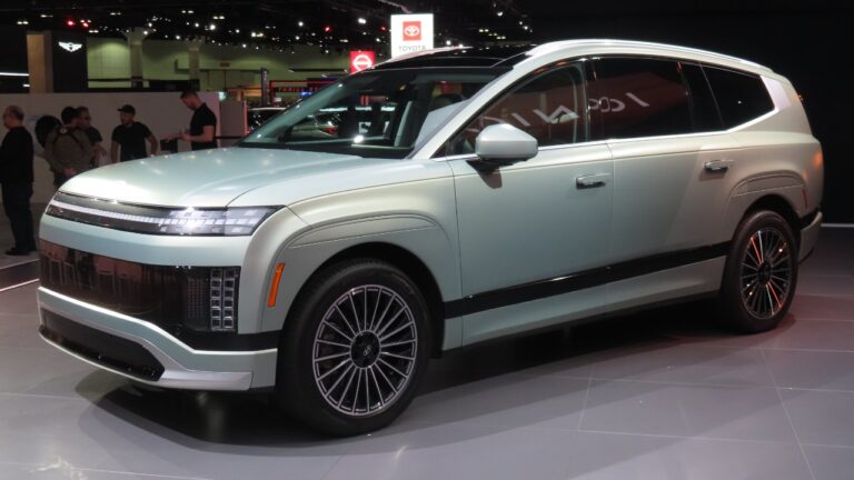 A light-colored 2026 Hyundai Ioniq 9 Limited SUV on display, the model included in the second-row power seat recall