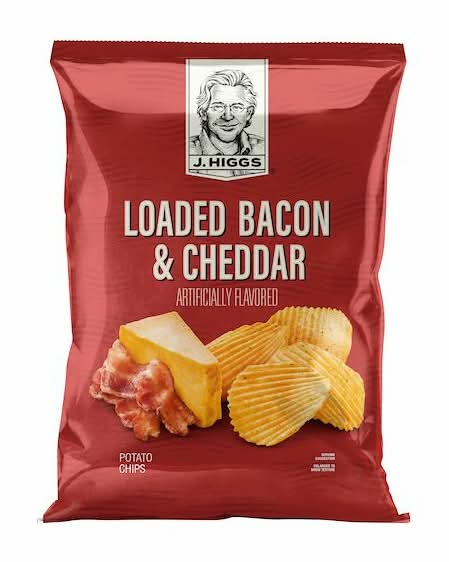Bag of recalled J. HIGGS Loaded Bacon & Cheddar potato chips, as pictured in the FDA recall notice