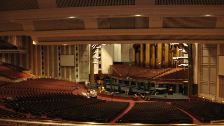 Interior of the LDS Conference Center in Salt Lake City, with its auditorium seating and organ pipes