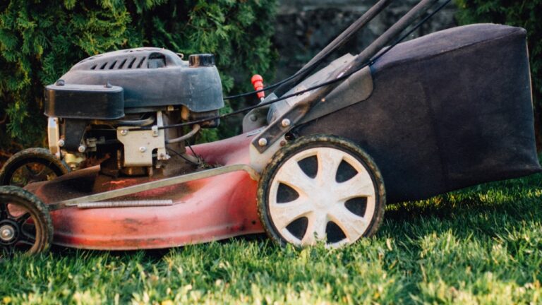 Close-up of a lawn mower engine with grass clippings nearby
