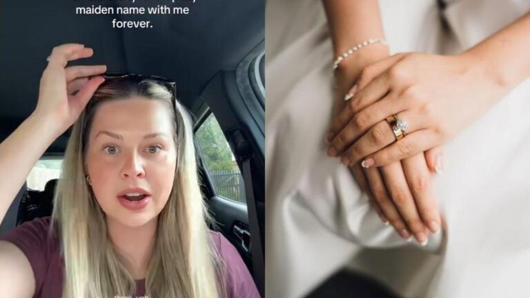 Split image: TikTok creator Emily Newton on the left, a close-up of a woman's hands wearing wedding rings on the right