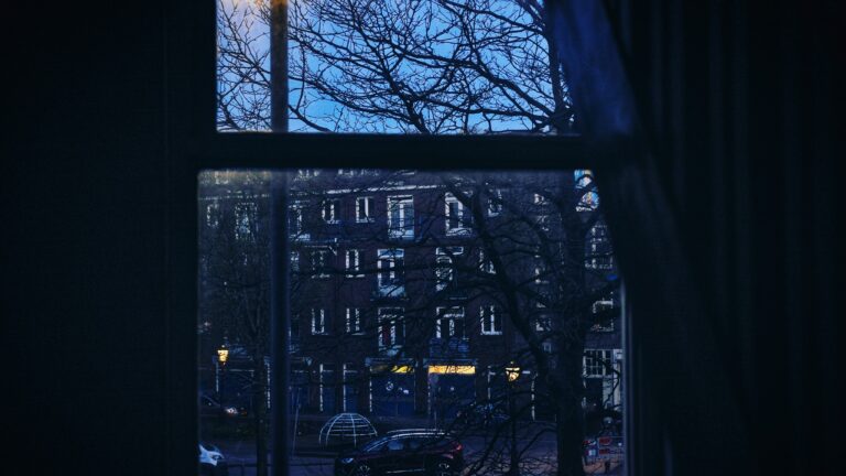 a window with a view of a city at night
