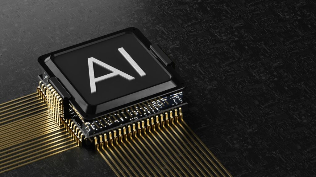 A black computer processor chip with gold pins on a dark circuit board