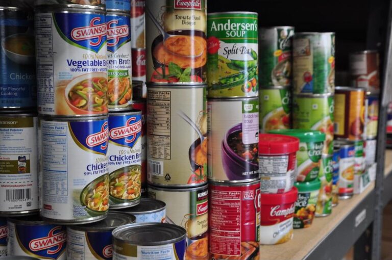 Rows of canned food on a pantry shelf