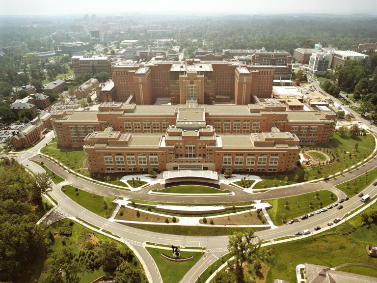 Aerial view of the NIH Mark O. Hatfield Clinical Research Center campus in Bethesda, Maryland