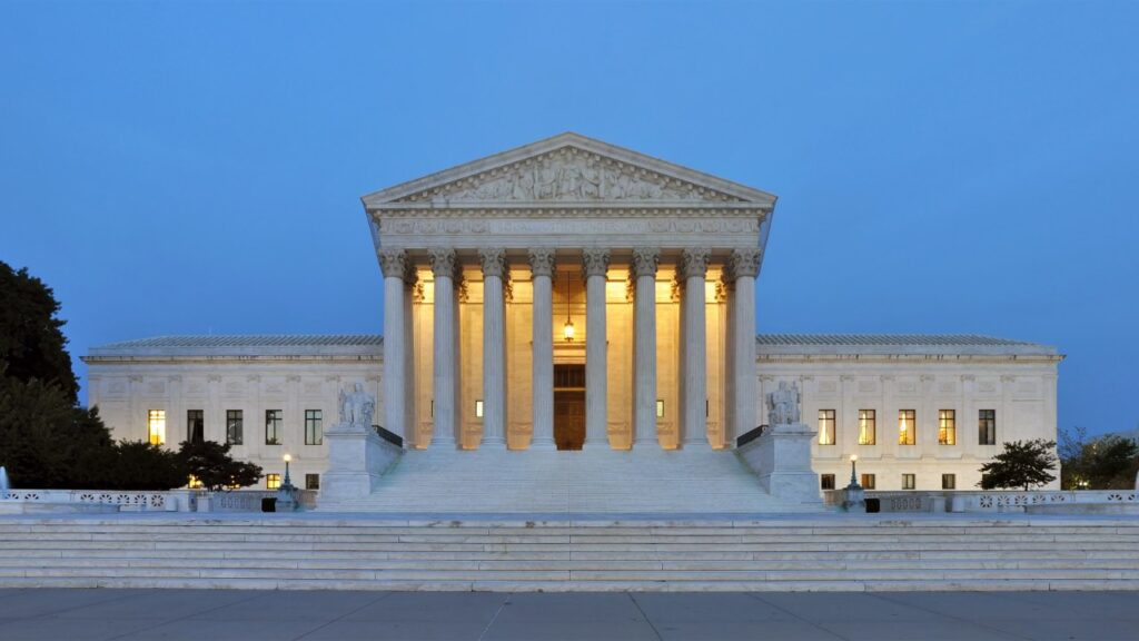 United States Supreme Court building at dusk