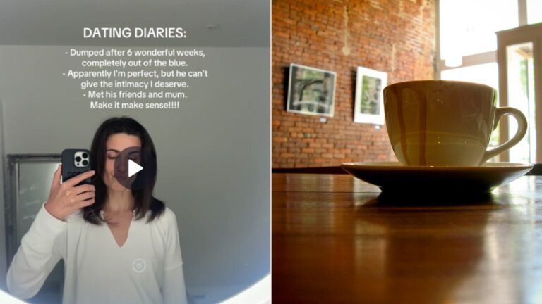 Split cover image: TikTok video still and a mood photo of coffee on a table